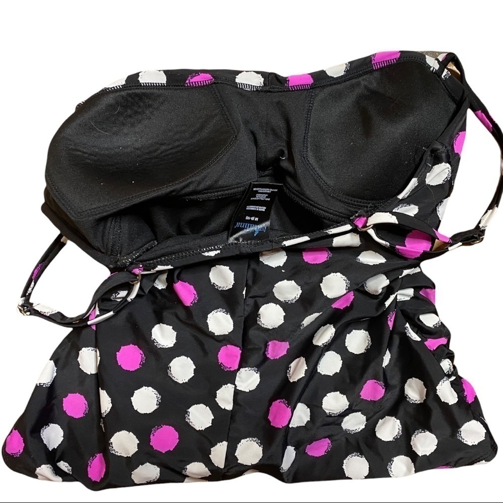 Catalina Swimsuit One Piece Polka Dot Black Pink & White Ruched Slimming - Picture 4 of 8